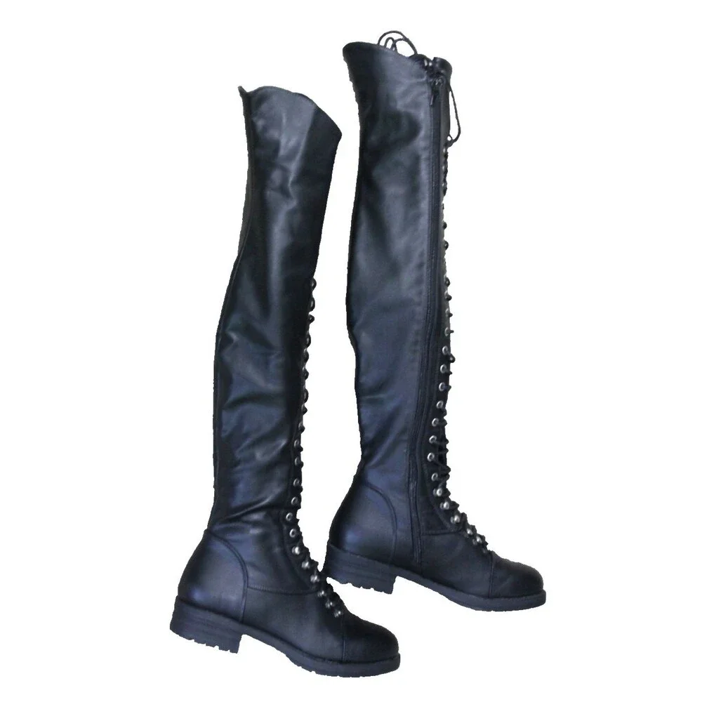 Black Thigh High Low Block Heel Boots Womens Size 7.5 Over the Knee Lace Up Tall
